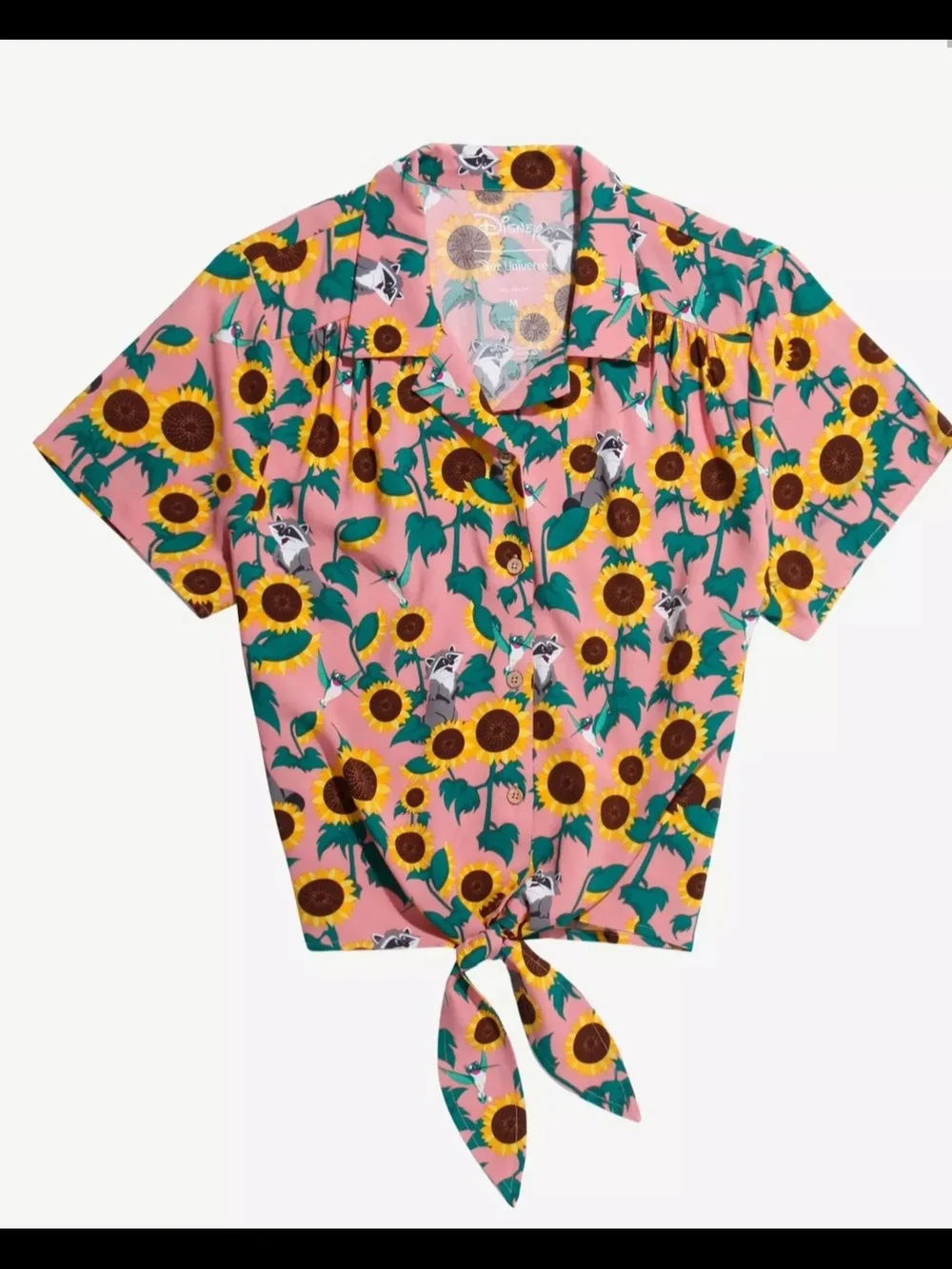 Our Universe Disney Pocahontas Meeko Flit Sunflower Tie Front Crop Woven Top L - Picture 1 of 6